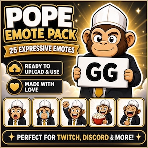 May include: A digital graphic of a cartoon monkey in a suit and hat, holding a sign with "GG". The image is labelled "POPE EMOTE PACK" with "25 EXPRESSIVE EMOTES" and icons for upload and love. The bottom text reads "PERFECT FOR TWITCH, DISCORD & MORE!"