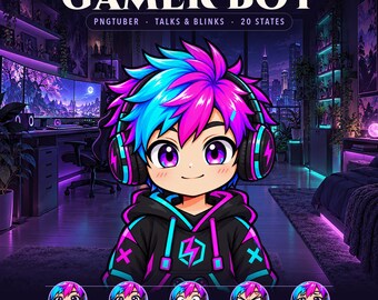 Veadotube向けNeon Gamer Boy PNGTuber | 5つのムードと20の状態を備えた既製VTuberモデル