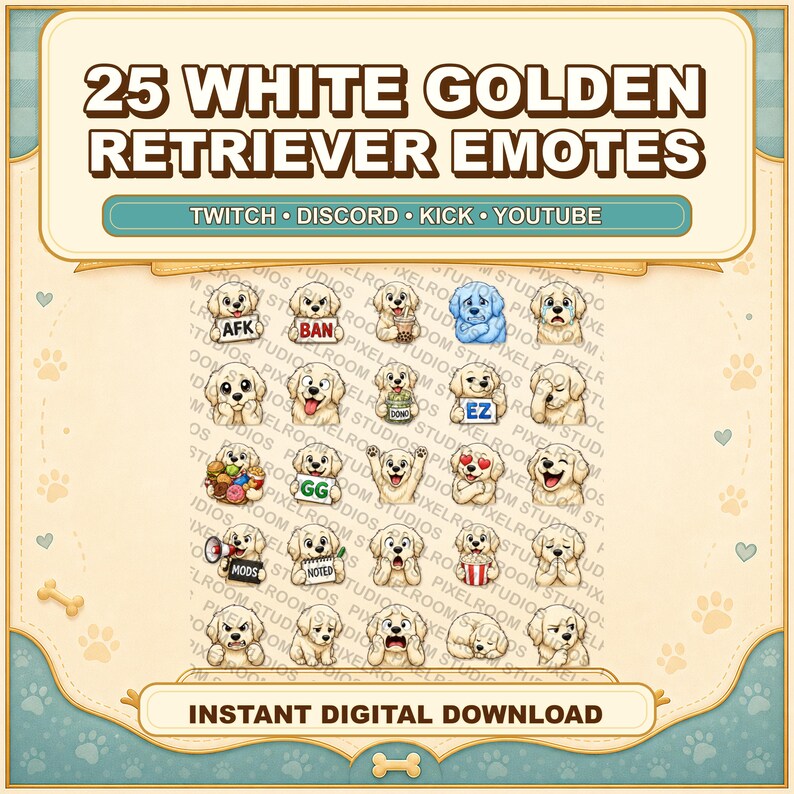 May include: A digital graphic with 25 white Golden Retriever emotes. The text at the top says "25 WHITE GOLDEN RETRIEVER EMOTES". Below the emotes, the text reads "INSTANT DIGITAL DOWNLOAD". The emotes are for Twitch, Discord, Kick, and YouTube.