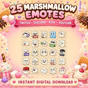 May include: A digital graphic showcasing 25 marshmallow emotes with different expressions. The image includes the text "25 Marshmallow Emotes" and "Twitch, Discord, Kick, YouTube." Decorative elements include waffles, ice cream, and hearts.