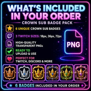 May include: A digital graphic with a neon border, displaying the text "WHAT'S INCLUDED IN YOUR ORDER." It presents six crown sub badges in different colors. The image includes the text "PNG" and states the badges are ready to upload and use.