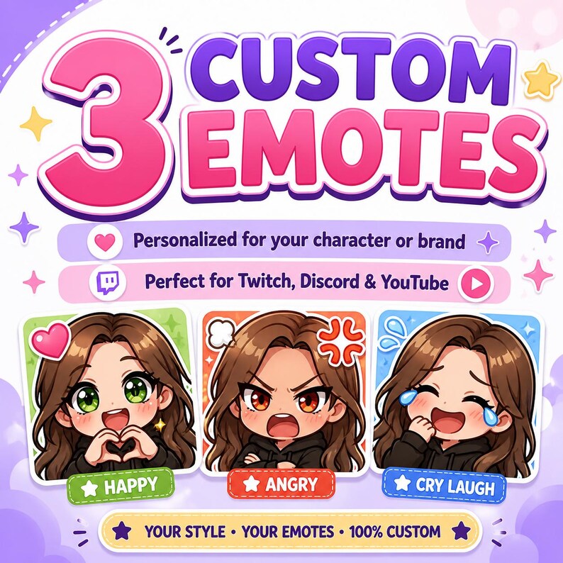 Puede incluir: Gr&aacute;fico promocional de emotes personalizados, con el texto "3 EMOTES PERSONALIZADOS". La imagen incluye tres dise&ntilde;os de emotes diferentes: feliz, enfadado y llorando de risa. El texto tambi&eacute;n menciona la personalizaci&oacute;n para tu personaje o marca y la compatibilidad con Twitch, Discord y YouTube.