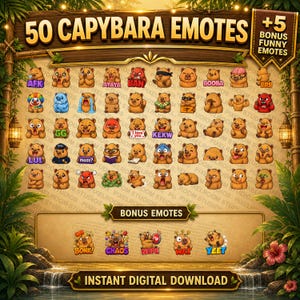 Capybara-emotepakket voor Twitch en Discord | 50 schattige reacties + 5 bonusreacties afbeelding 2
