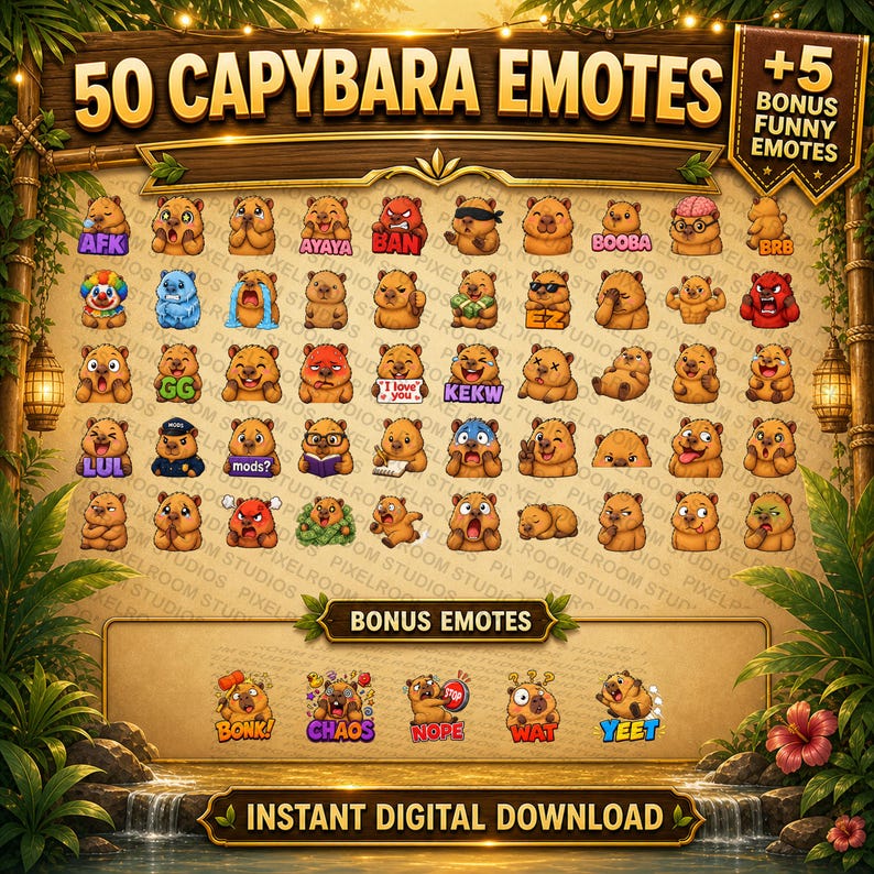 Capybara-emotepakket voor Twitch en Discord | 50 schattige reacties + 5 bonusreacties afbeelding 2