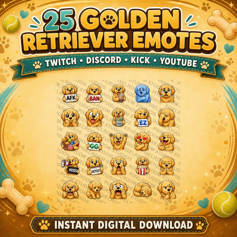 May include: A digital download graphic featuring 25 Golden Retriever emotes. The emotes are in various poses and expressions, with text such as "AFK", "BAN", and "EZ". The image includes the text "TWITCH", "DISCORD", "KICK", and "YOUTUBE".
