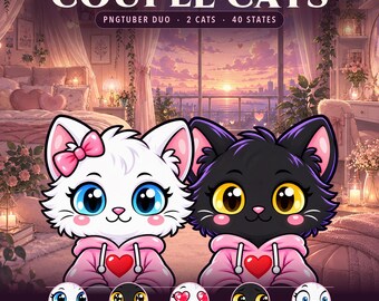 Veadotube向け猫のカップルPNGTuberデュオ｜既成VTuberモデル（白＋黒）、5つの表情