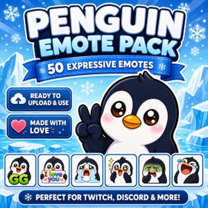 May include: A digital graphic featuring a cartoon penguin with various expressions. The image includes the text "PENGUIN EMOTE PACK" and "50 EXPRESSIVE EMOTES." Additional text includes "READY TO UPLOAD & USE" and "MADE WITH LOVE." The image is perfect for Twitch, Discord & more.