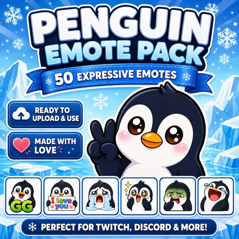 May include: A digital graphic featuring a cartoon penguin with various expressions. The image includes the text "PENGUIN EMOTE PACK" and "50 EXPRESSIVE EMOTES." Additional text includes "READY TO UPLOAD & USE" and "MADE WITH LOVE." The image is perfect for Twitch, Discord & more.
