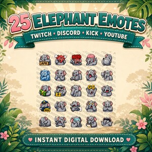 Puede incluir: Gr&aacute;fico digital con 25 emotes de elefante para Twitch, Discord, Kick y YouTube. Los emotes muestran diversas expresiones y acciones. El texto "25 ELEPHANT EMOTES" est&aacute; en la parte superior, con "INSTANT DIGITAL DOWNLOAD" en la parte inferior.