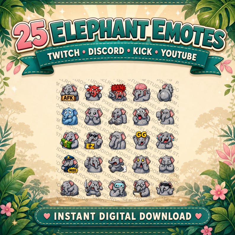 Puede incluir: Gr&aacute;fico digital con 25 emotes de elefante para Twitch, Discord, Kick y YouTube. Los emotes muestran diversas expresiones y acciones. El texto "25 ELEPHANT EMOTES" est&aacute; en la parte superior, con "INSTANT DIGITAL DOWNLOAD" en la parte inferior.