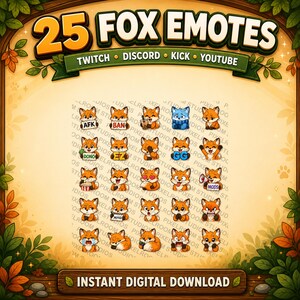 Op de afbeelding: Een digitale afbeelding met 25 vossen-emotes voor Twitch, Discord, Kick en YouTube. De emotes tonen oranje vossen met verschillende uitdrukkingen en poses. De afbeelding bevat de tekst "25 FOX EMOTES" en "INSTANT DIGITAL DOWNLOAD".