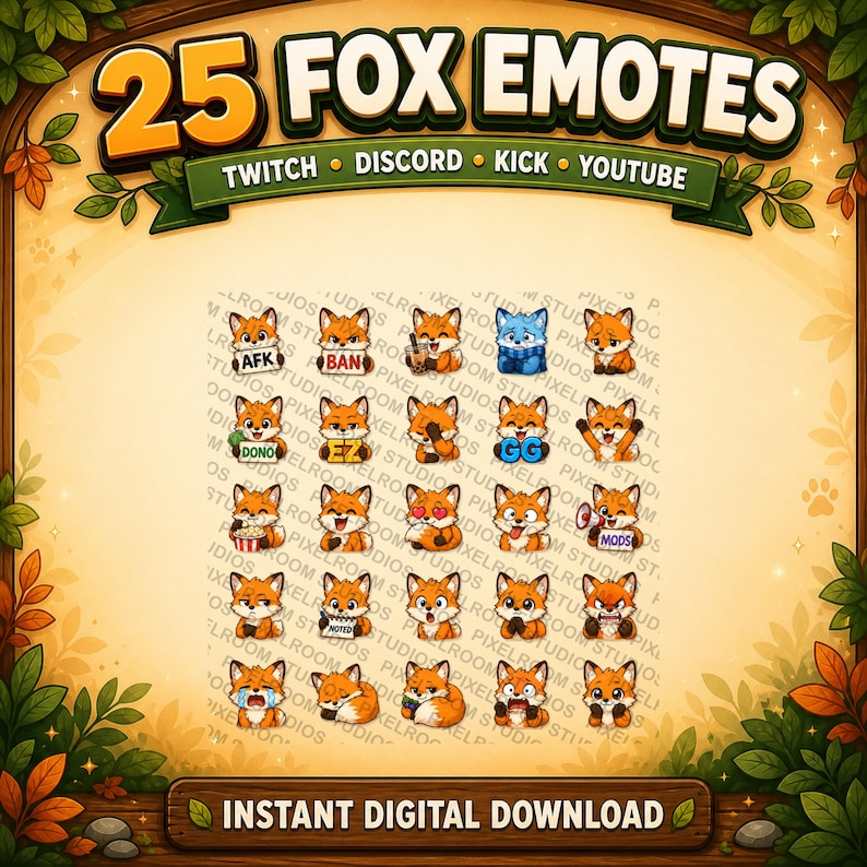 Op de afbeelding: Een digitale afbeelding met 25 vossen-emotes voor Twitch, Discord, Kick en YouTube. De emotes tonen oranje vossen met verschillende uitdrukkingen en poses. De afbeelding bevat de tekst "25 FOX EMOTES" en "INSTANT DIGITAL DOWNLOAD".