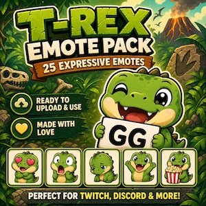 Puede incluir: Una vibrante ilustraci&oacute;n digital de un paquete de emoticonos T-Rex. La imagen presenta un dinosaurio de dibujos animados sosteniendo un letrero con "GG". Emoticonos adicionales muestran varias expresiones. El texto incluye "25 Expressive Emotes", "Ready to Upload & Use" y "Made with Love".