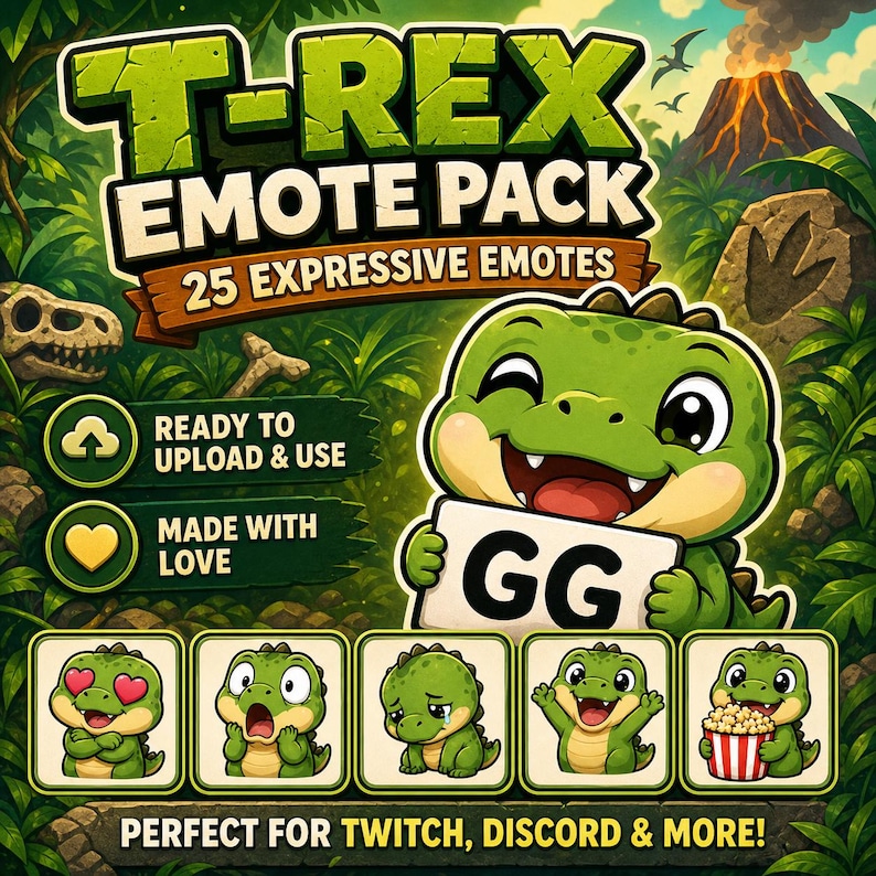 Puede incluir: Una vibrante ilustraci&oacute;n digital de un paquete de emoticonos T-Rex. La imagen presenta un dinosaurio de dibujos animados sosteniendo un letrero con "GG". Emoticonos adicionales muestran varias expresiones. El texto incluye "25 Expressive Emotes", "Ready to Upload & Use" y "Made with Love".