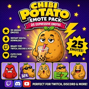 25 Cute Potato Emote Pack for Twitch and Discord Streamers | Chibi Kawaii Food Emotes