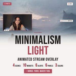 May include: An animated stream overlay package titled Minimalism Light featuring a mountain landscape background, a camera frame, and status indicators. Includes 4 scenes, 10 widgets, 6 alerts, 6 panels, 3 colors, and a bonus panel maker tool.