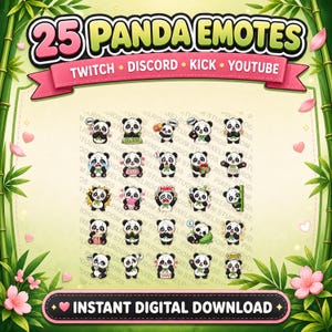 K&ouml;nnte beinhalten: Digitaler Download mit 25 Panda-Emotes f&uuml;r Twitch, Discord, Kick und YouTube. Die Emotes zeigen verschiedene Ausdr&uuml;cke, vor einem Bambus- und Blumenhintergrund. Der Text enth&auml;lt "Sofortiger digitaler Download."