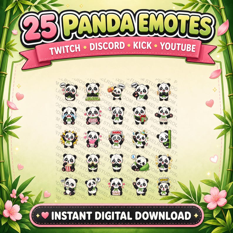 K&ouml;nnte beinhalten: Digitaler Download mit 25 Panda-Emotes f&uuml;r Twitch, Discord, Kick und YouTube. Die Emotes zeigen verschiedene Ausdr&uuml;cke, vor einem Bambus- und Blumenhintergrund. Der Text enth&auml;lt "Sofortiger digitaler Download."