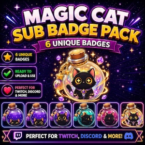 Könnte beinhalten: Digitalgrafik mit einem "Magic Cat Sub Badge Pack" mit sechs einzigartigen Abzeichen. Das Design zeigt eine schwarze Katze in einer Zaubertrankflasche, Sterne und den Text "Ready to Upload & Use" und "Perfect for Twitch, Discord & More!"