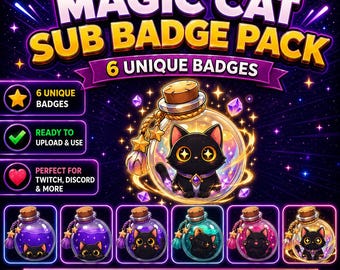 Badge per abbonati a Twitch a tema gatto magico | 6 icone per abbonati a tema pozione magica