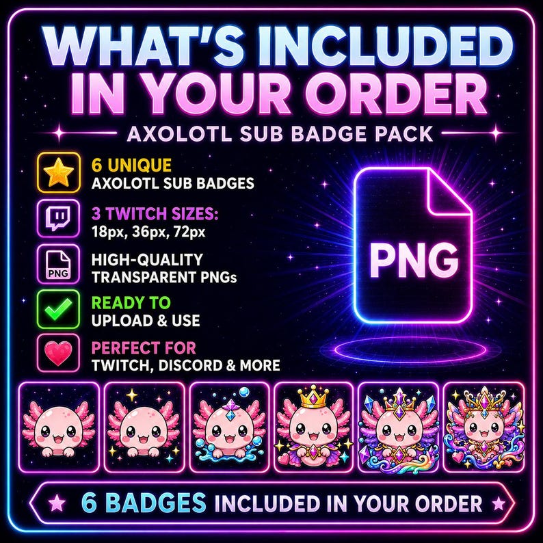 K&ouml;nnte beinhalten: Ein digitales Grafikdesign mit einem neonblauen und pinkfarbenen Rahmen, das ein "Axolotl Sub Badge Pack" pr&auml;sentiert. Das Bild enth&auml;lt sechs einzigartige Axolotl-Abzeichen, ein PNG-Dateisymbol und Text, der die enthaltenen Gr&ouml;&szlig;en und die Upload-Bereitschaft beschreibt.