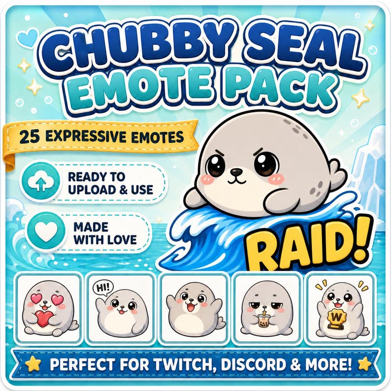 以下が含まれることがあります： 「Chubby Seal Emote Pack」のデジタルグラフィック。25個の表現豊かな絵文字が含まれています。メイン画像は波に乗った漫画のアザラシです。追加の絵文字が下に表示されています。「Ready to Upload & Use」と「Perfect for Twitch, Discord & More!」のテキストが含まれています。