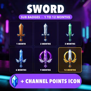 Espada RPG Twitch Sub Badges | 6 niveles + icono Channel Points, también Kick