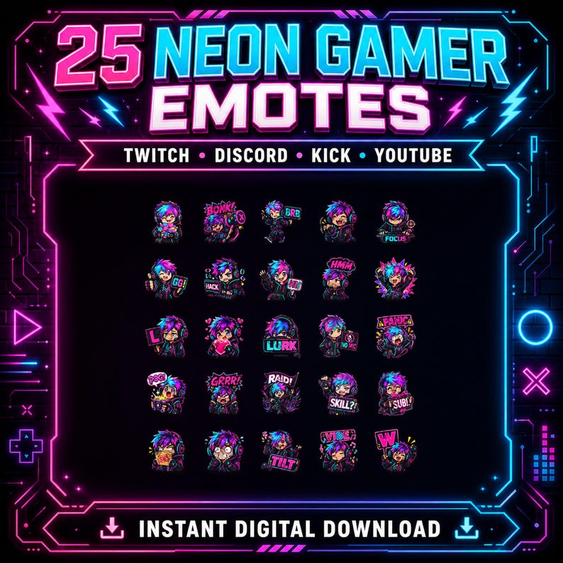 May include: A digital graphic showcasing 25 neon gamer emotes on a black background, framed by a neon pink and blue border. Text includes "25 Neon Gamer Emotes" and "Twitch, Discord, Kick, YouTube". The bottom reads "Instant Digital Download".