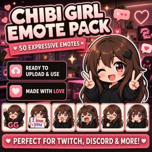 Pode incluir: Imagem promocional de um "CHIBI GIRL EMOTE PACK" com uma ilustra&ccedil;&atilde;o de uma garota de desenho animado. O pacote cont&eacute;m 50 emotes expressivos, prontos para upload e uso. O texto "Made with Love" e "Perfect for Twitch, Discord & More!" est&aacute; inclu&iacute;do.