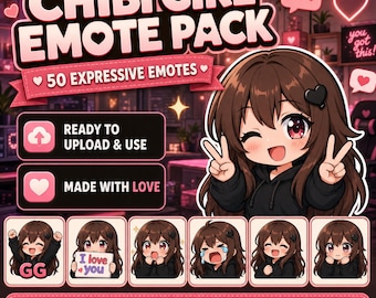 Chibi Girl Emote Pack for Twitch and Discord | 50 Brown Hair Reactions