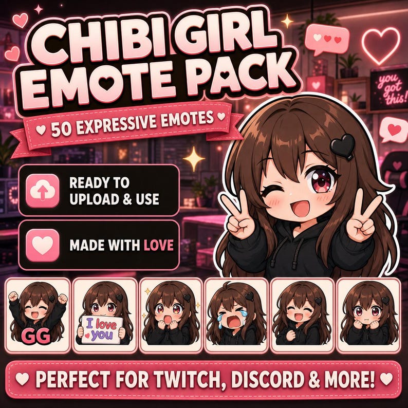 Pode incluir: Imagem promocional de um "CHIBI GIRL EMOTE PACK" com uma ilustra&ccedil;&atilde;o de uma garota de desenho animado. O pacote cont&eacute;m 50 emotes expressivos, prontos para upload e uso. O texto "Made with Love" e "Perfect for Twitch, Discord & More!" est&aacute; inclu&iacute;do.