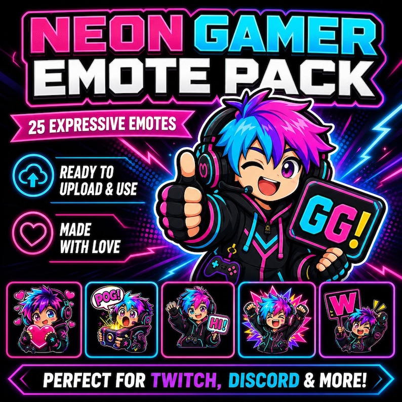May include: A colourful graphic advertising a "NEON GAMER EMOTE PACK" with 25 expressive emotes. The image shows a cartoon gamer with blue and pink hair, headphones, and a "GG!" sign. Text includes "READY TO UPLOAD & USE" and "MADE WITH LOVE."