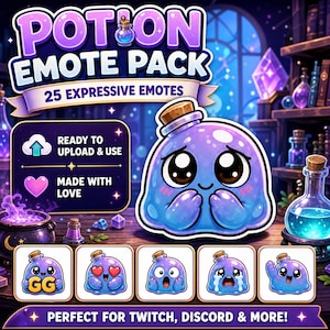 Könnte beinhalten: Digitales Kunstwerk mit einer Flaschenfigur mit verschiedenen Emotionen. Das Bild enthält den Text "POTION EMOTE PACK" und "25 EXPRESSIVE EMOTES". Zusätzlicher Text lautet "READY TO UPLOAD & USE" und "MADE WITH LOVE".