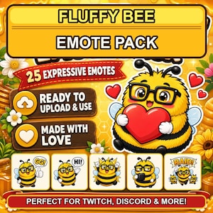 Pu&ograve; includere: Grafica di arte digitale per un "Fluffy Bee Emote Pack". L'immagine presenta un'ape dei cartoni animati con gli occhiali che tiene un cuore, circondata da altre emote di api. Il testo include "25 Expressive Emotes", "Ready to Upload & Use" e "Made with Love".