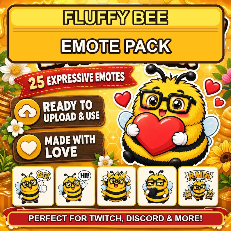 Pu&ograve; includere: Grafica di arte digitale per un "Fluffy Bee Emote Pack". L'immagine presenta un'ape dei cartoni animati con gli occhiali che tiene un cuore, circondata da altre emote di api. Il testo include "25 Expressive Emotes", "Ready to Upload & Use" e "Made with Love".
