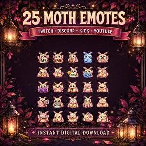 Puede incluir: Gr&aacute;fico de descarga digital con 25 emotes de polilla para Twitch, Discord, Kick y YouTube. Los emotes muestran diversas expresiones y poses, con texto como "AFK", "BAN" y "EZ". El fondo es morado oscuro con linternas decorativas.