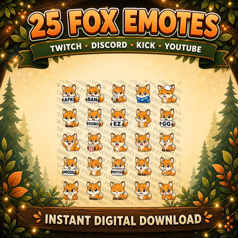 Pu&ograve; includere: Grafica digitale con 25 emote di volpe per Twitch, Discord, Kick e YouTube. Le emote raffigurano volpi arancioni con varie espressioni e accessori. L'immagine include il testo "25 FOX EMOTES" e "INSTANT DIGITAL DOWNLOAD".