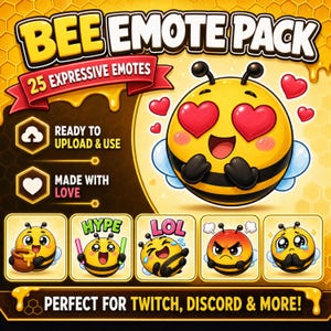 Pu&ograve; includere: Grafica digitale di un pacchetto di emoticon a tema api. L'immagine presenta un'ape gialla e nera con varie espressioni. Il testo recita "BEE EMOTE PACK", "25 EXPRESSIVE EMOTES", "READY TO UPLOAD & USE" e "MADE WITH LOVE".