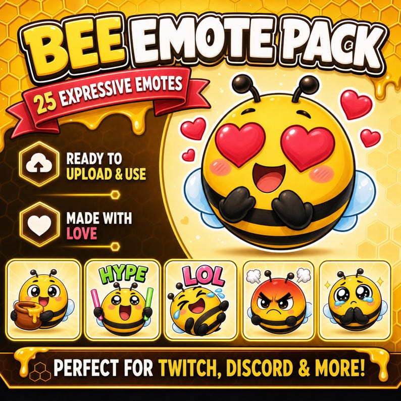Pu&ograve; includere: Grafica digitale di un pacchetto di emoticon a tema api. L'immagine presenta un'ape gialla e nera con varie espressioni. Il testo recita "BEE EMOTE PACK", "25 EXPRESSIVE EMOTES", "READY TO UPLOAD & USE" e "MADE WITH LOVE".