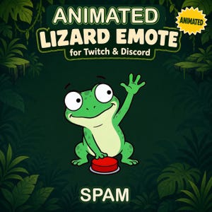 May include: A digital graphic featuring a cartoon green lizard with large eyes waving one hand while pressing a red circular button. The text reads ANIMATED LIZARD EMOTE for Twitch & Discord and SPAM. A yellow starburst icon says ANIMATED.
