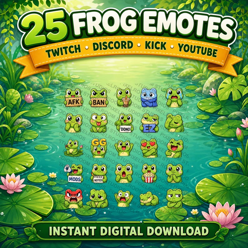 Op de afbeelding: Een digitale downloadafbeelding met 25 kikker-emotes. De groene kikkers hebben verschillende uitdrukkingen, in een vijver met waterlelies en bloemen. Tekst bevat "25 Frog Emotes" en platformnamen.