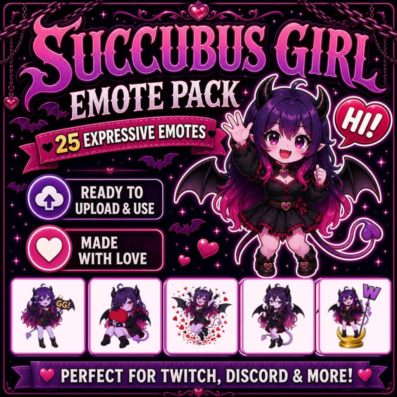 K&ouml;nnte beinhalten: Grafik f&uuml;r ein Succubus Girl Emote Pack. Das Bild zeigt einen Cartoon-Succubus-Charakter mit lila Haaren und schwarzen Fl&uuml;geln. Der Text lautet "25 Expressive Emotes" und "Perfect for Twitch, Discord & More!"