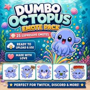 Pu&ograve; includere: Grafica di arte digitale con un polpo blu dei cartoni animati con grandi occhi e un'espressione sorridente. Il testo "DUMBO OCTOPUS EMOTE PACK" &egrave; visualizzato sopra, con testo aggiuntivo che indica 25 emote espressive, pronte per essere caricate e utilizzate, realizzate con amore, perfette per Twitch, Discord e altro!