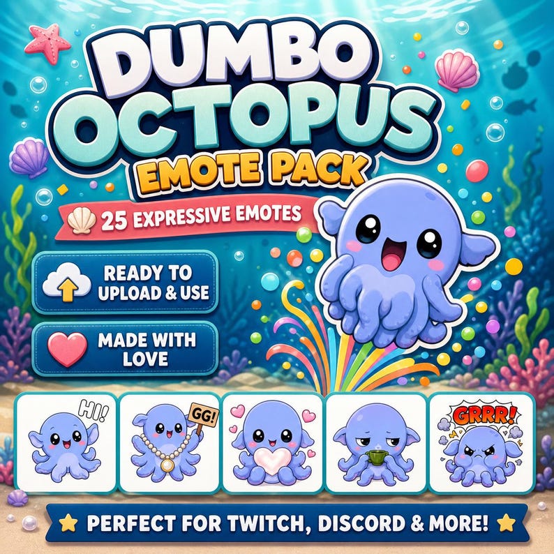 Pu&ograve; includere: Grafica di arte digitale con un polpo blu dei cartoni animati con grandi occhi e un'espressione sorridente. Il testo "DUMBO OCTOPUS EMOTE PACK" &egrave; visualizzato sopra, con testo aggiuntivo che indica 25 emote espressive, pronte per essere caricate e utilizzate, realizzate con amore, perfette per Twitch, Discord e altro!