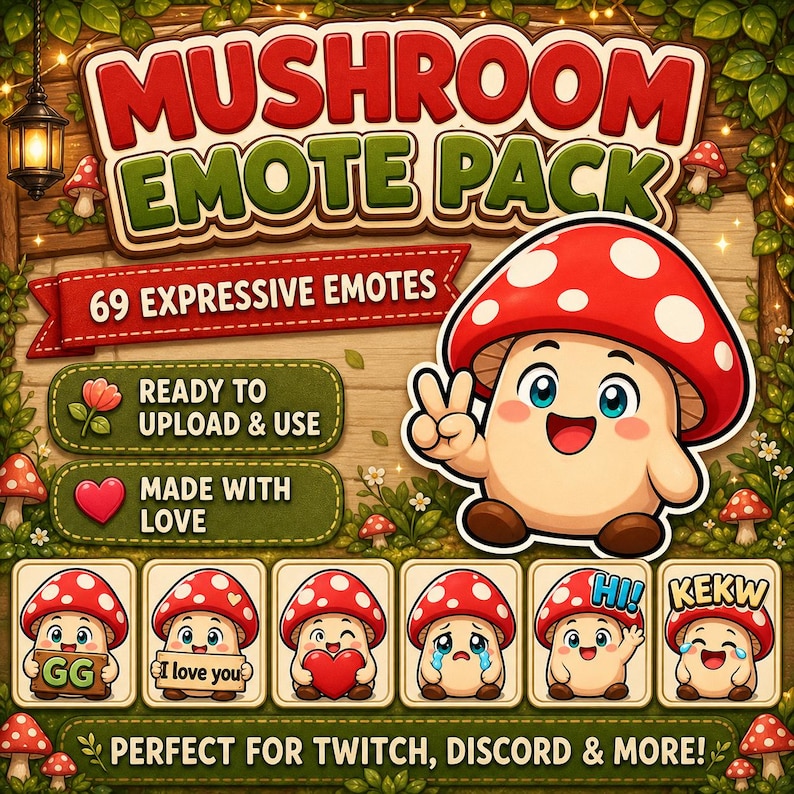 May include: A digital art graphic for a mushroom emote pack. The title reads "Mushroom Emote Pack" with the text "69 Expressive Emotes". The image includes a cartoon mushroom character and several emote examples. The text "Ready to Upload & Use" and "Made with Love" are also included.