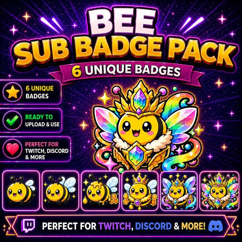 Puede incluir: Gr&aacute;fico digital "BEE SUB BADGE PACK" con seis insignias de abeja &uacute;nicas. Las insignias de estilo caricatura son amarillas, arco&iacute;ris y moradas. El texto incluye "READY TO UPLOAD & USE". Perfecto para Twitch, Discord y m&aacute;s.