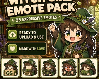 Pacote de Emotes Garota Bruxa para Twitch e Discord | 25 Reações Chibi da Floresta