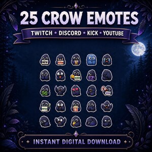Puede incluir: Gr&aacute;fico de descarga digital con 25 emotes de cuervo para Twitch, Discord, Kick y YouTube. Los emotes muestran varias expresiones de un cuervo de dibujos animados. Incluye el texto "25 CROW EMOTES" y "INSTANT DIGITAL DOWNLOAD".