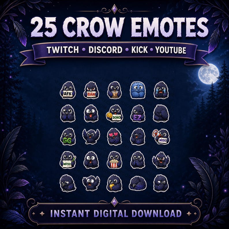 Puede incluir: Gr&aacute;fico de descarga digital con 25 emotes de cuervo para Twitch, Discord, Kick y YouTube. Los emotes muestran varias expresiones de un cuervo de dibujos animados. Incluye el texto "25 CROW EMOTES" y "INSTANT DIGITAL DOWNLOAD".