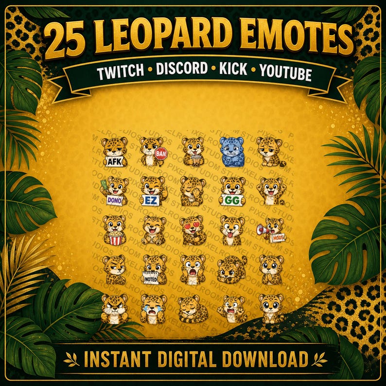 May include: A digital download graphic featuring 25 leopard emotes for Twitch, Discord, Kick, and YouTube. The emotes are cartoon leopards with various expressions and text. The background is gold with leopard print.